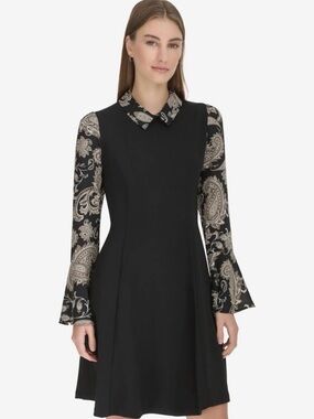 Andrew Marc Black Fit-and-Flare Dress with Paisley Sleeves